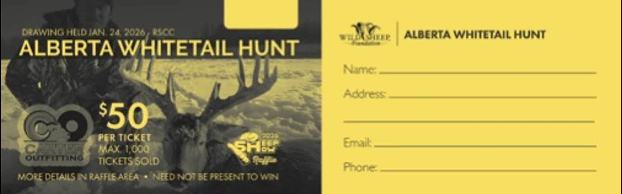 Alberta Whitetail Hunt raffle ticket and entry form featuring a silhouetted buck deer, promotional details for a $50 prize draw, and blank fields for participant contact information.