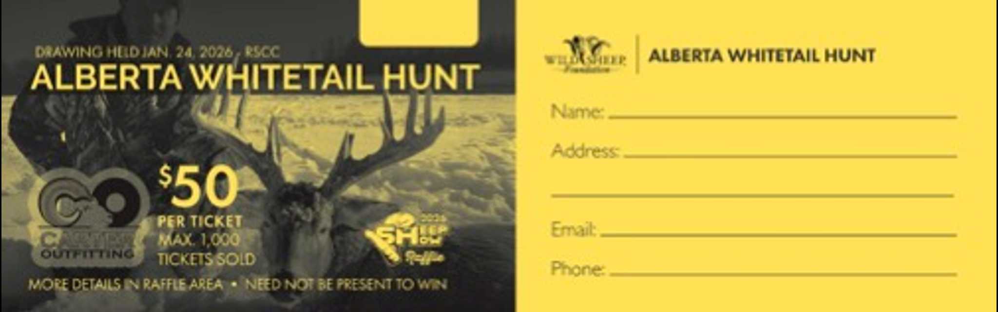Alberta Whitetail Hunt raffle ticket and entry form featuring a silhouetted buck deer, promotional details for a $50 prize draw, and blank fields for participant contact information.