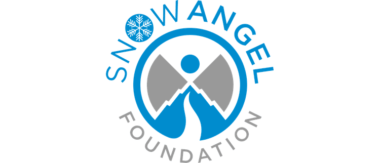 Snow Angel Foundation logo featuring a stylized figure with blue and gray mountain peaks, surrounded by circular text and a snowflake symbol in blue and gray colors.