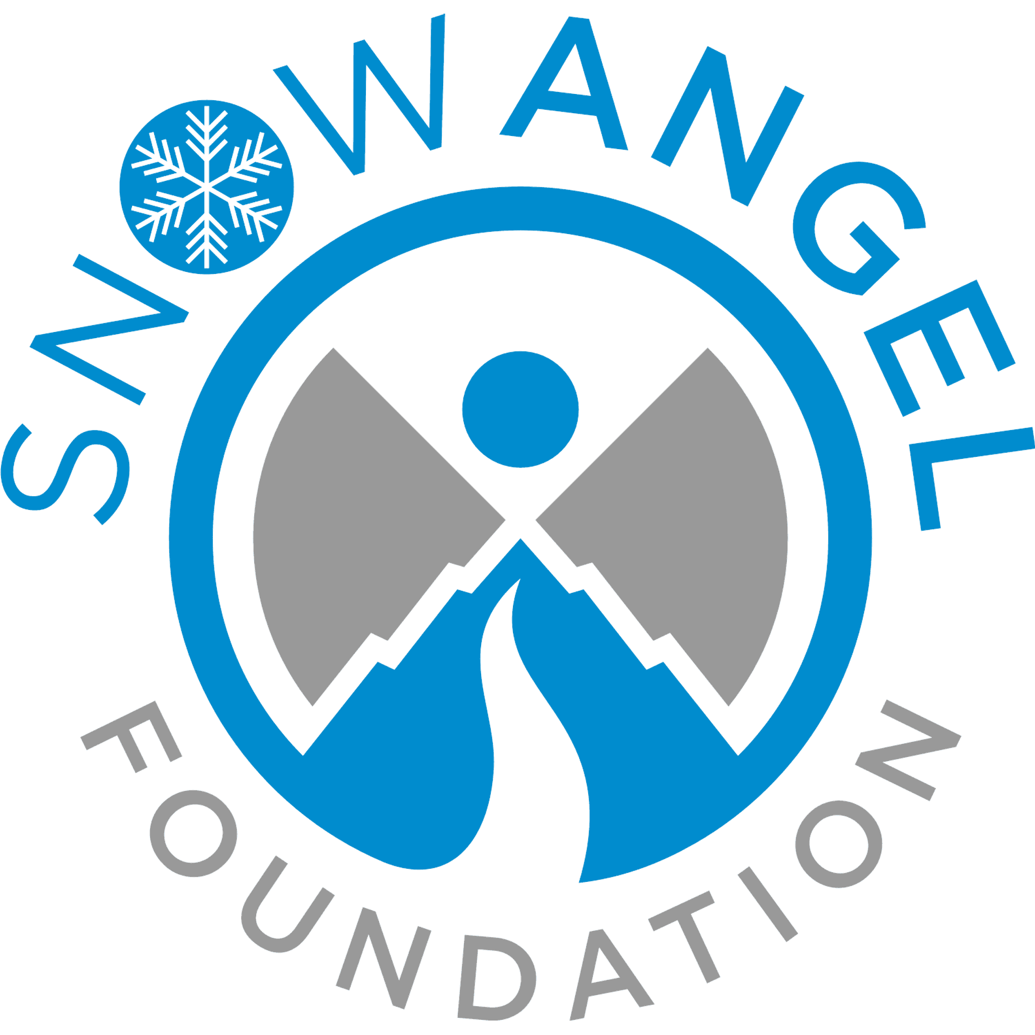 Snowange Foundation logo featuring a stylized figure with outstretched arms, mountains, and a snowflake symbol in blue and gray colors.