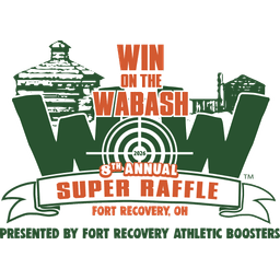 Logo for the 2026 8th Annual Win on the Wabash Super Raffle in Fort Recovery, Ohio, featuring green fort silhouette and red text with a target symbol.