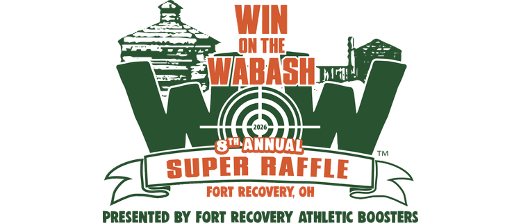 Logo for the 2026 8th Annual Win on the Wabash Super Raffle in Fort Recovery, Ohio, featuring green fort silhouette and red text with a target symbol.