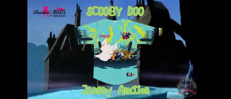 Turquoise Scooby-Doo jersey displayed against a haunted mansion backdrop, featuring cartoon characters and a ghost, promoting a jersey auction.